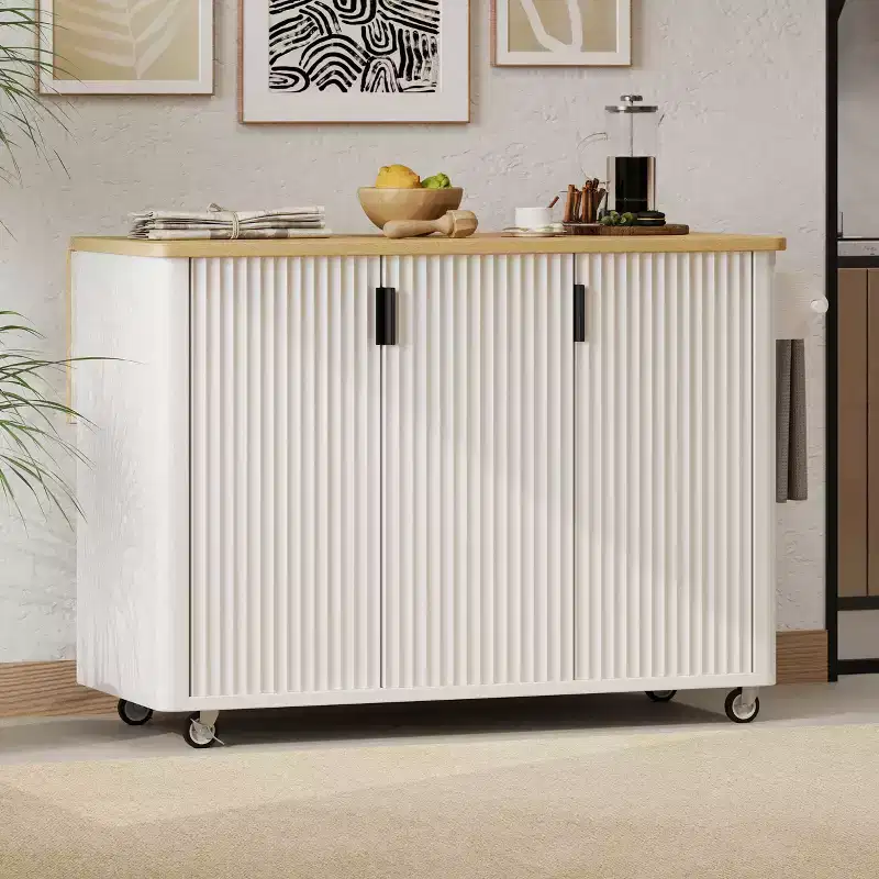 51-inch Recessed Farmhouse-Style Kitchen Island with Folding Table Top Towel Rack and Rolling Cart, Suitable for Kitchens, White Ash Wood