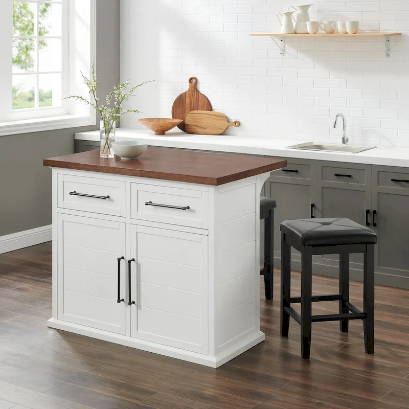 Crosley Bartlett Wood Top Kitchen Island W/Uph Square Stools - 50d x 42w x 36h