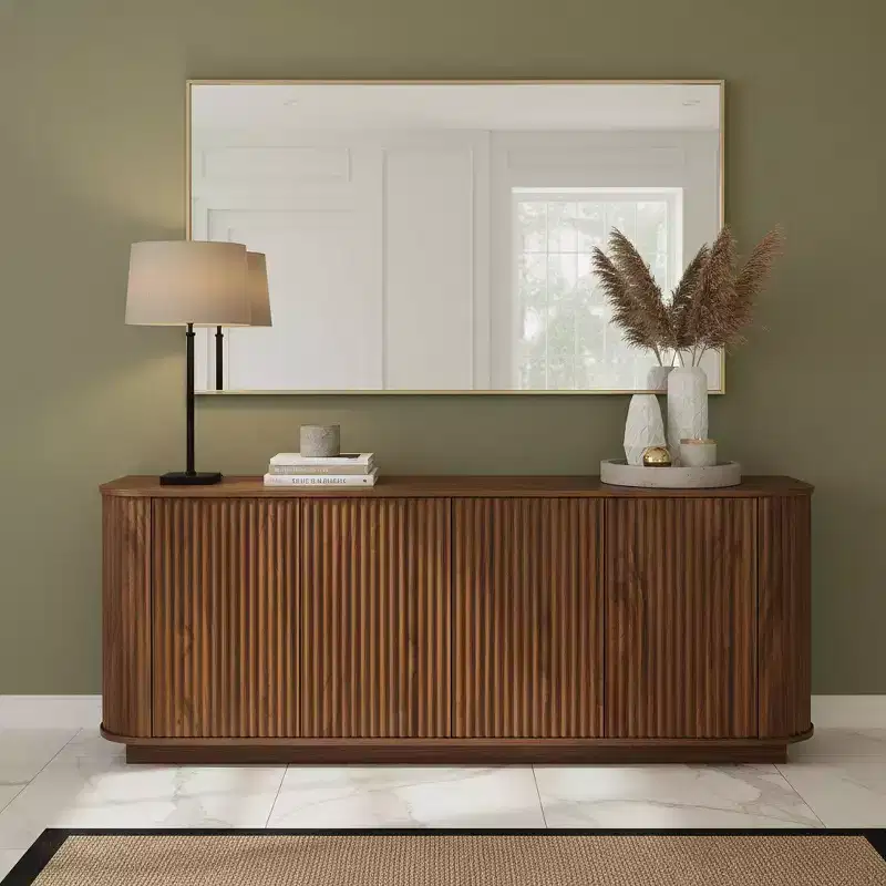 Homy Casa Modern Fluted 4 Door Sideboard Buffet Cabinet with Adjustable Shelves, Walnut