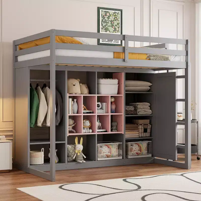 Twin/Full Size Wood Loft Bed with Wardrobe, Colorful Shelves & Cabinet, Reversible Staircase - ModernLuxe
