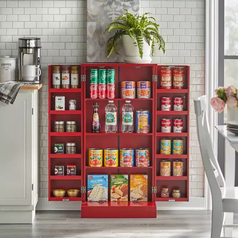 Buylateral Utility Pantry Red: Transitional Style, MDF Construction, 3 Adjustable Shelves, 10 Door Compartments
