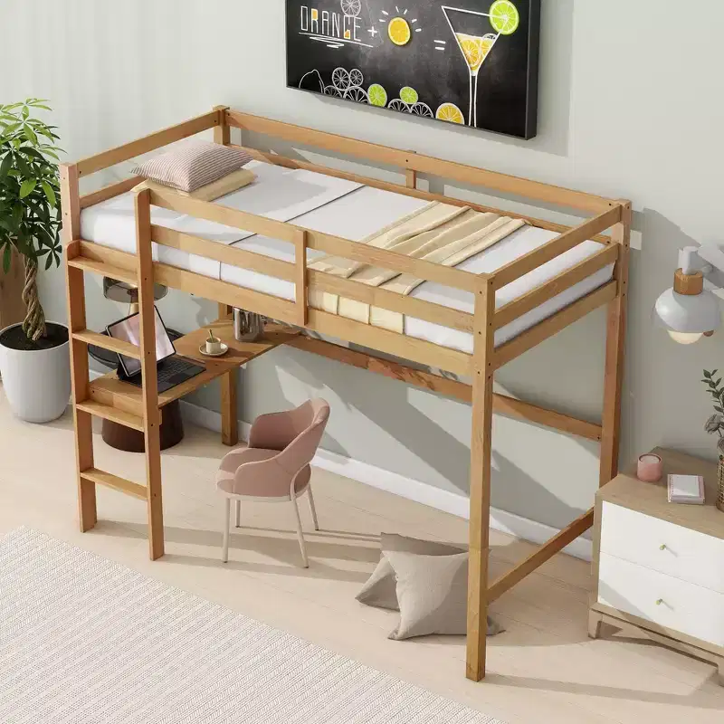 MAYEERTY Twin High Loft Bed with Safety Guardrail, Bulit-in Desk, Ladder Beige