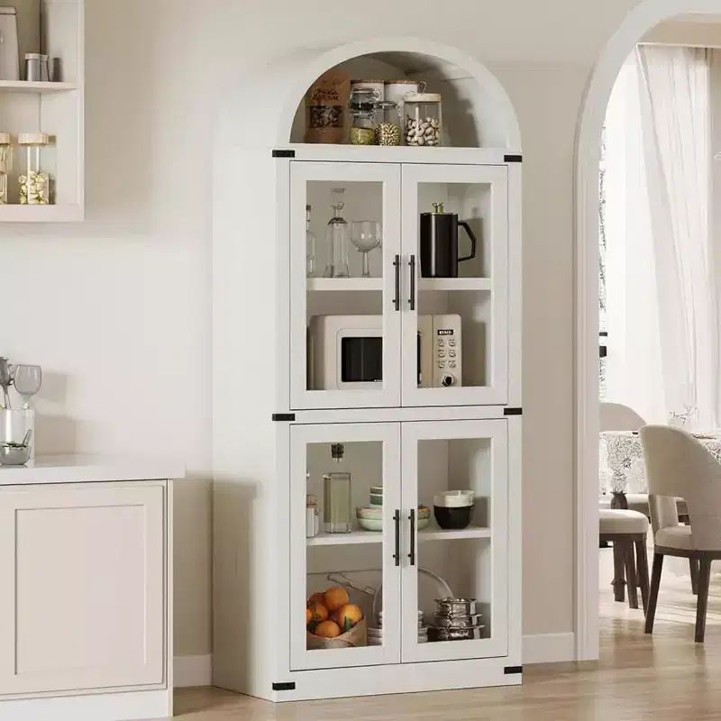 Arched Bookcase with Doors, 71.4 Tall Farmhouse Display Cabinet, Deep Storage Shelves, Glass Accents, Wooden Display Rack for Home, White