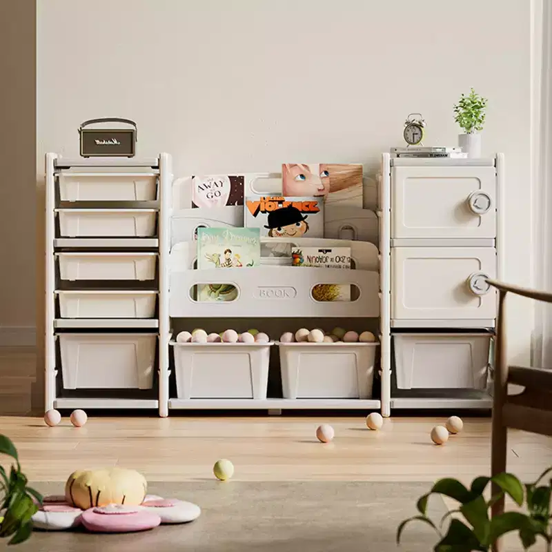 Toy Storage Organizer for Kids, 8 Removable Bins, 4-Tier Bookshelf, 2 Cabinets, Multi-Purpose Children's Shelf for Playroom