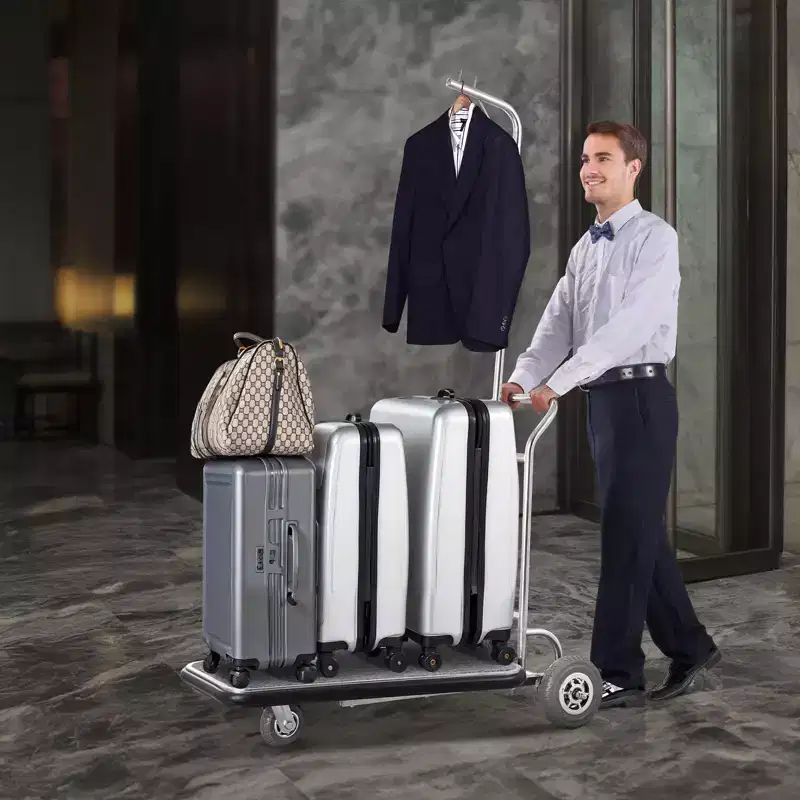Luggage Cart, 600 LBS Load Capacity, 3 Wheel Stainless Steel Bellman Cart, Valet Cart with Grey Carpeted Deck and Rubber Wheels, Silver