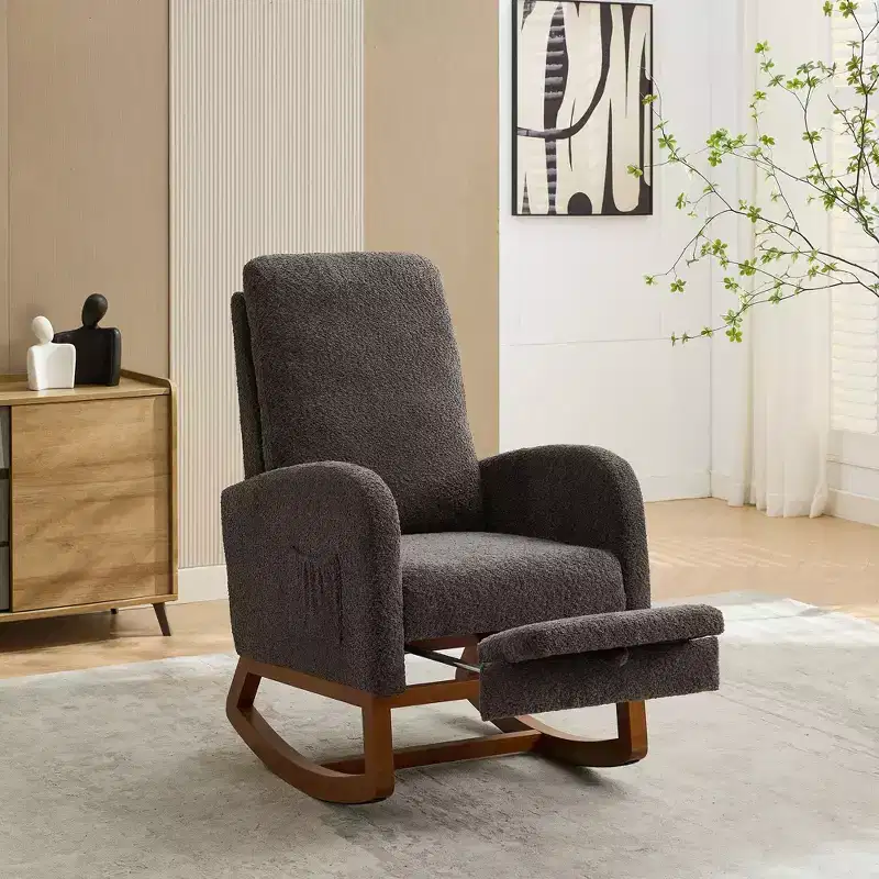 Okak Rocking Accent Chair Living Room Chair with High Back Glider and Side Pocket Retractable Footrest Armchair for Bedroom Nursery