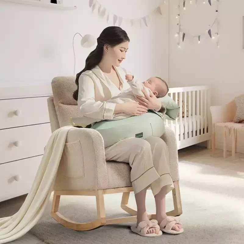 Rocking Chair, Glider Nursery Chair with High Back and Side Pocket, Rocking Accent Armchair with Rubber Wood Legs for Living Room/Bedroom/Nursery