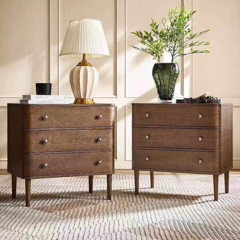 Modern 26W 3-Drawer End Table with Solid Wood Legs Built-in Outlet - Walnut