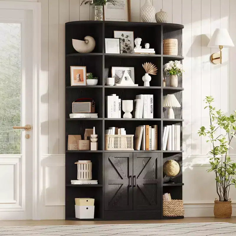 75Tall Bookshelf with Storage, 6-Tier 47 Wide Modern Farmhouse Standing Bookcase Cabinet Display Shelf Organizer for Home Office Living Room
