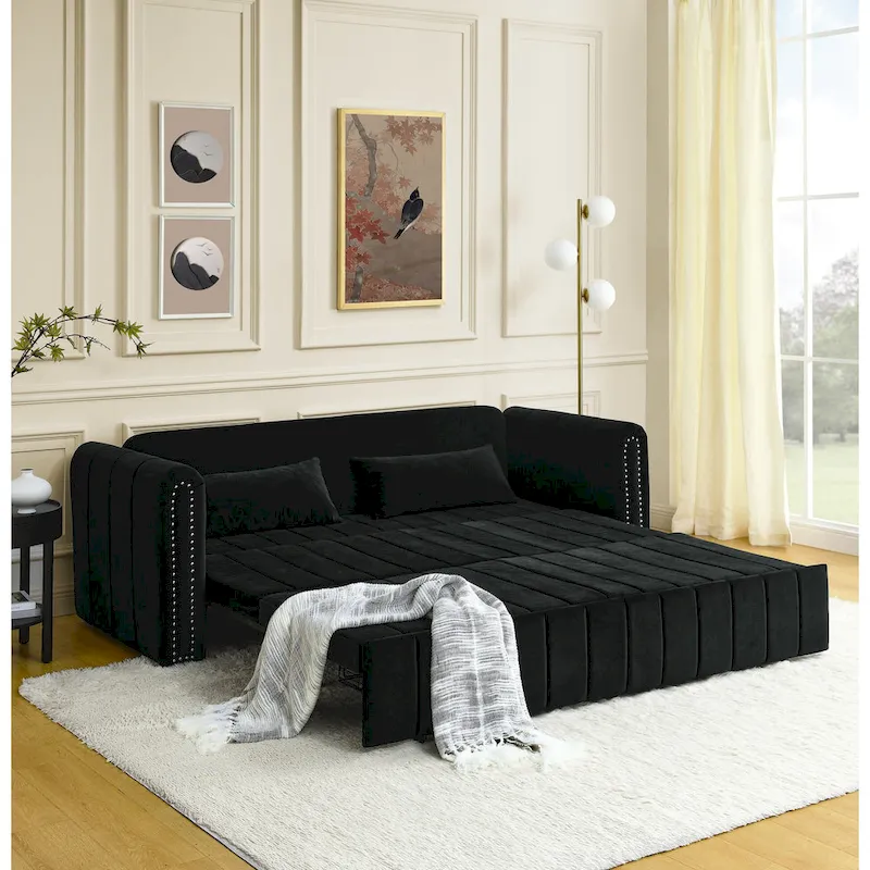 Modern 68 Foam 3 in 1 Pull-Out 3-seaters Bed Sleeper Sofa with Copper Nails and Two Drawers