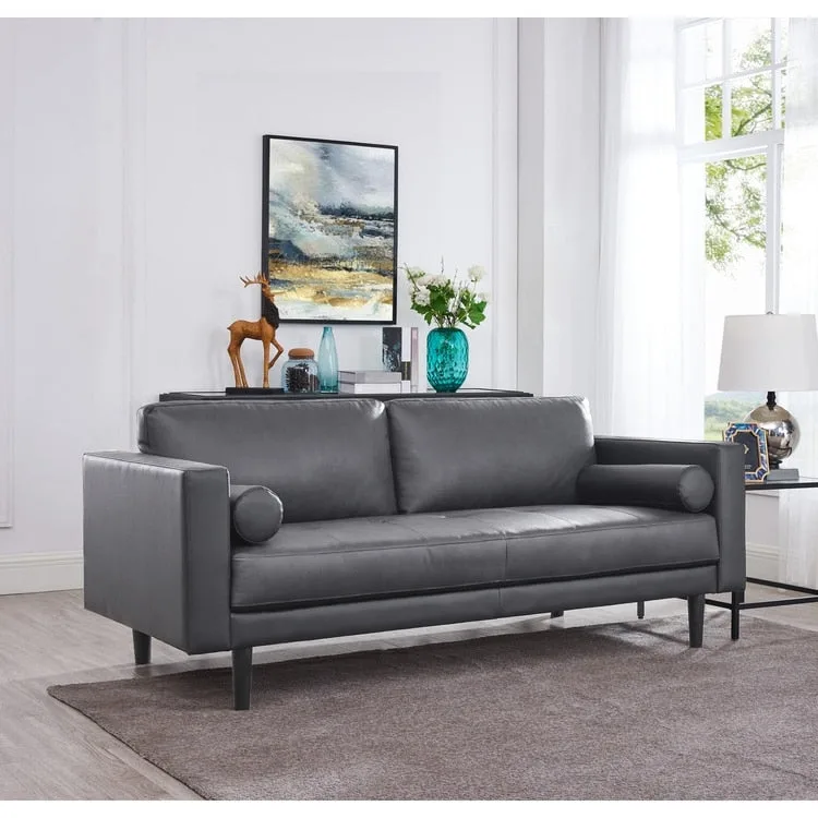 Modern Genuine Leather Sofa with Wooden Legs & Additional Bolster Pillow
