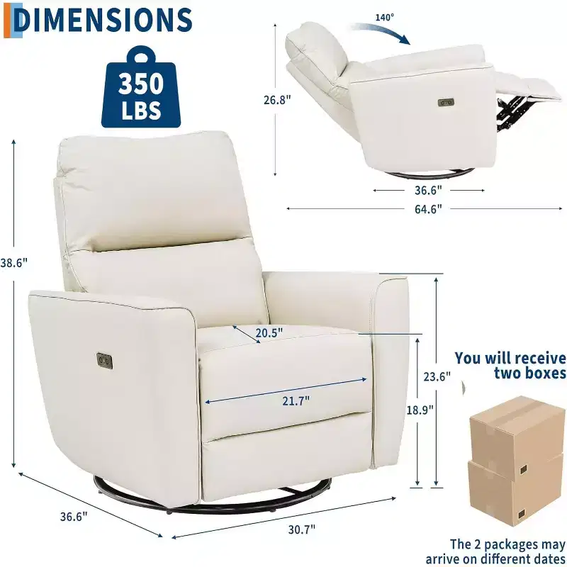 Nursery Glider Recliner with Swivel Rocking Motion, High Back PU Leather Chair for Nursery, Living Room and Bedroom