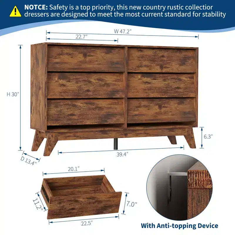 6-Drawer Dresser for Bedroom, 47.2 Wide Mid Century Chest of Drawers, Wooden Dresser TV Stand, Vintage Dressers with Bevel Design for Living Room