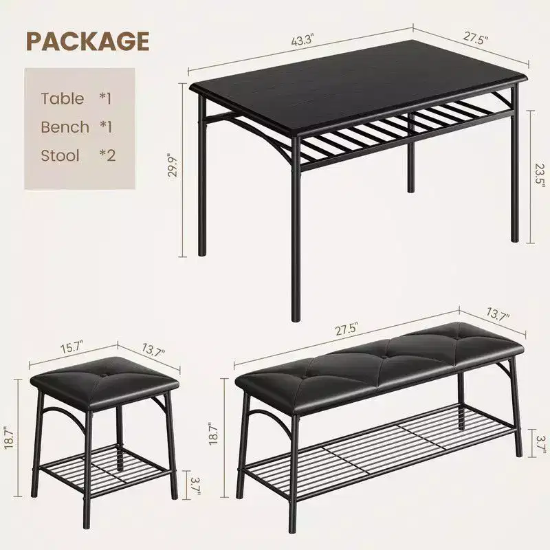 Coolmee Square Dining Table Set for 4, Wood Tabletop Kitchen Table with 2 Upholstered Chairs and a Bench, Rustic Dinner Table Set with Storage
