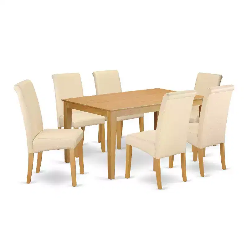 7-Pc Natural Oak Finish Solid Wood Top Dining Table with 6 Parson Chairs