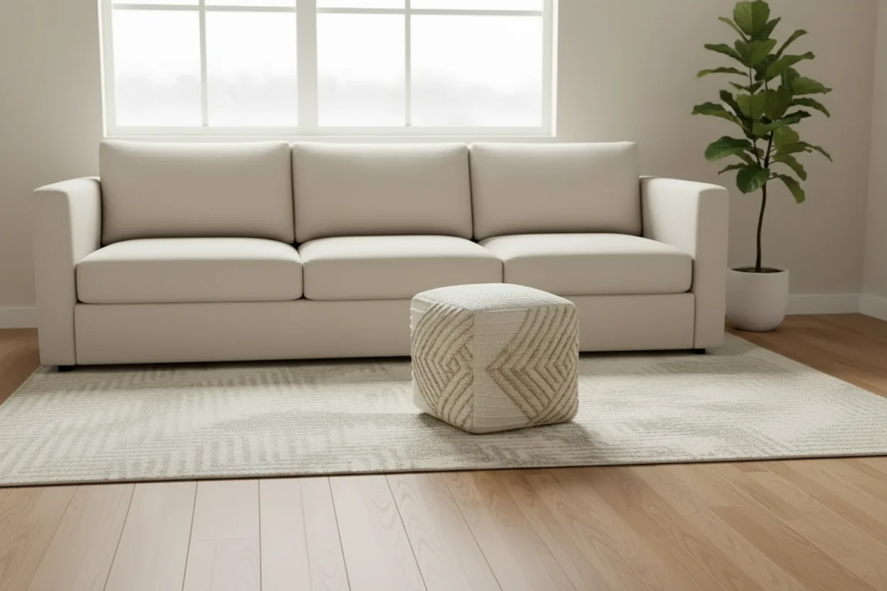 18 Natural and Off White Cotton Jute And Wool Geometric Cube Pouf Ottoman