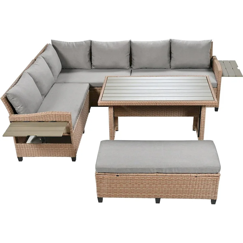 Brown 5-Piece Outdoor Patio PE Wicker Rattan L-Shaped Sectional Sofa Set