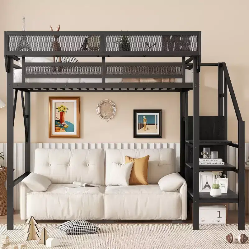 94IN Twin Size Loft Bed with Wardrobe, Twin Bed with Storage Shelves and Basket, Bed Frames for Bedroom, Dormitory