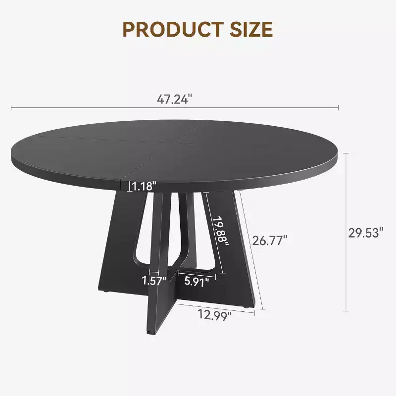 47-Inch Round Large Dining Table for 4 to 6, Farmhouse Dinner Table with Wooden Top and Legs for Dining Room Black (Only Table)