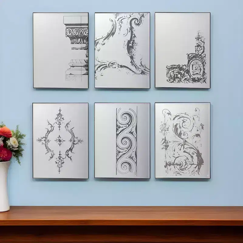 HomeRoots Set of Six Decorative Antiqued Glass Black Metal Framed Mirror Set