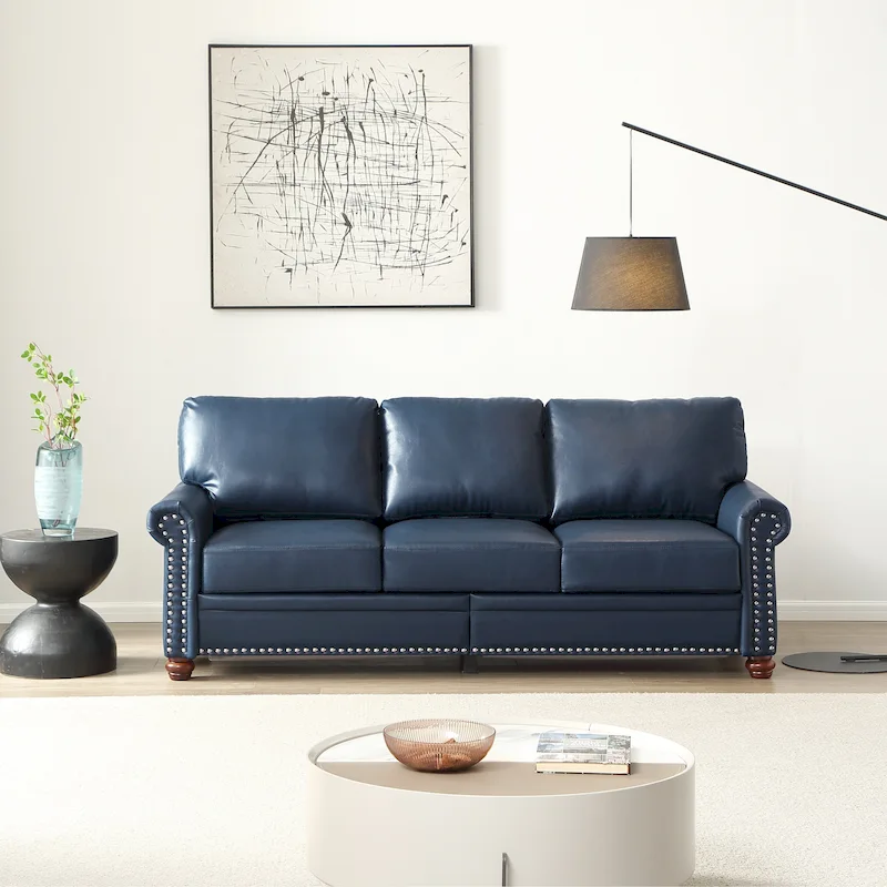 Classic 83 PU Leather Upholstered 3-Seater Sofa with Bottom Storage Box and Nailhead Decoration