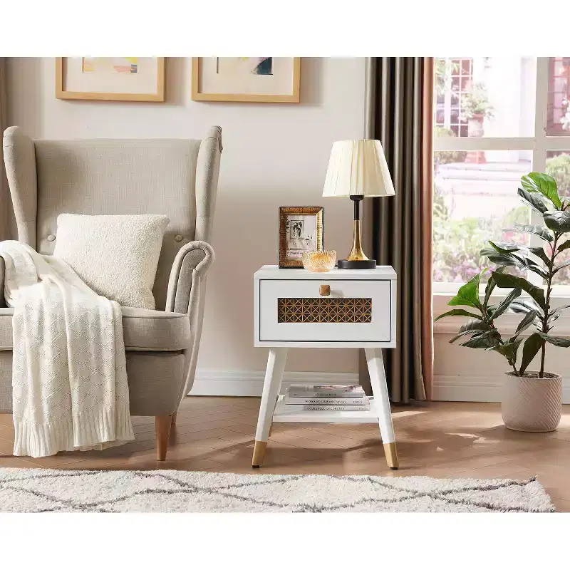 Probe Hues Retro Charging End Table, Built-in Outlets, USB Ports and Storage Drawer