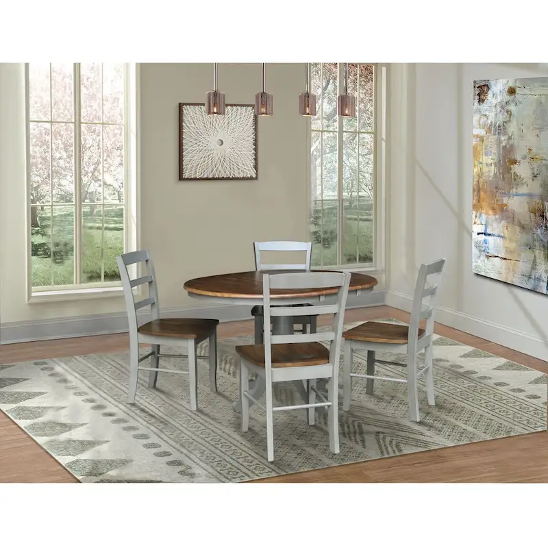 36 Round Top Pedestal Ext Table with 12 Leaf and 4 Madrid Chairs