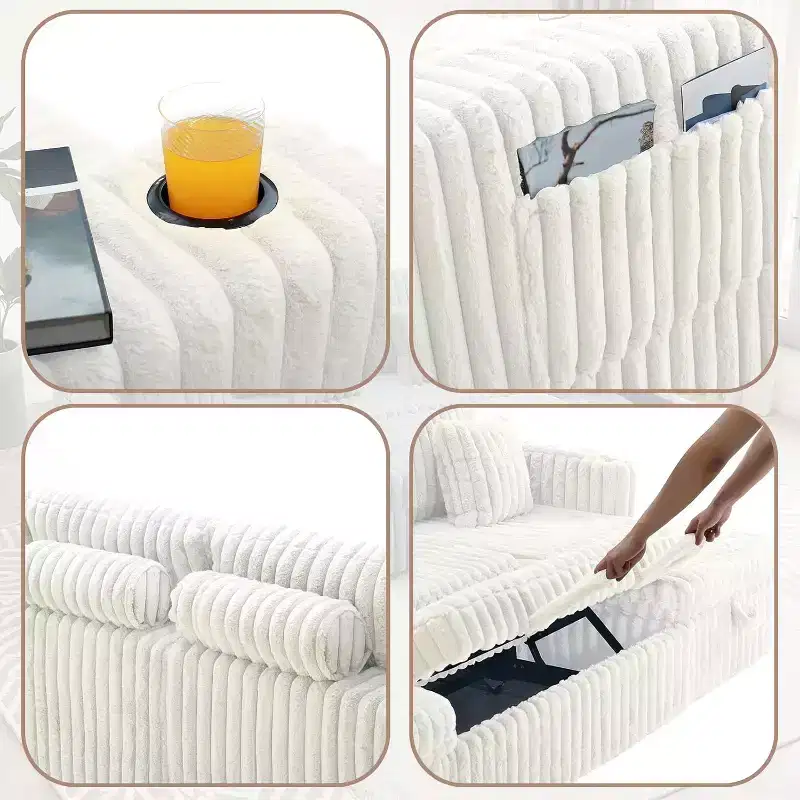 MooxvMoo 124 U-Shaped Sleeper Sofa with Storage,Oversized Convertible Couch Featuring Pull-Out Bed,Adjustable Backrest,USB Ports & Cup Holders,White