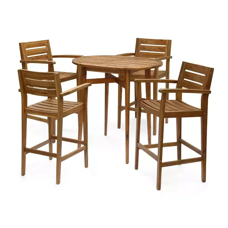 GDFStudio Brigitte Outdoor Acacia Wood 5 Piece Bar Set with Slatted Design