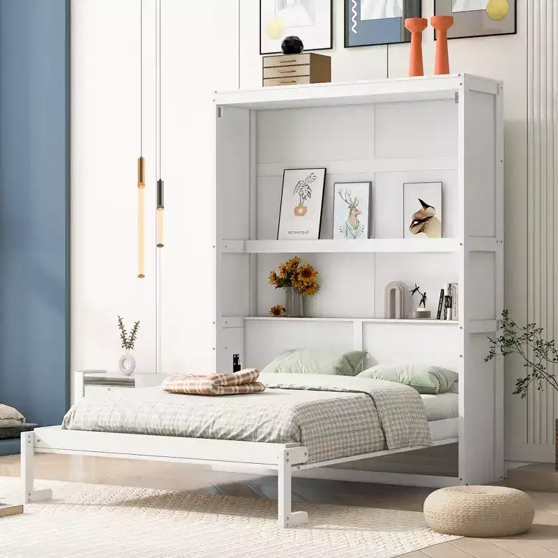 Full/Queen Size Murphy Bed with Shelves, White/Gray