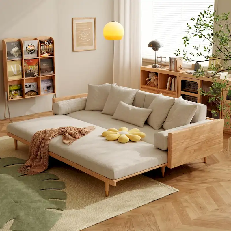 JASIWAY Modern Retractable Solid Wood Sleeper Sofa Bed