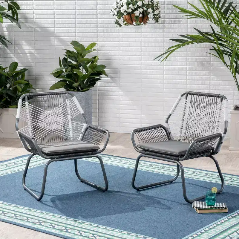 GDFStudio Aiden Outdoor Wicker and Steel Club Chairs with Cushion (Set of 2), Gray and White