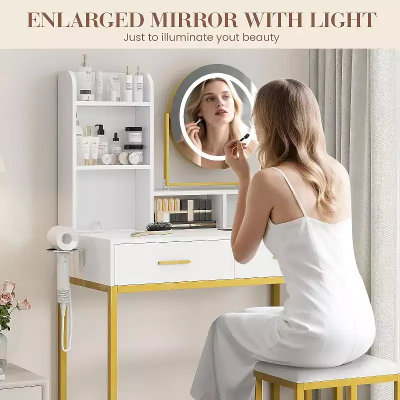 Girls Vanity Desk with Mirror and Lights Small Makeup Vanitys Set with Chair Fabric Drawers Power Outlet, Dressing Table Vanities for Bedroom
