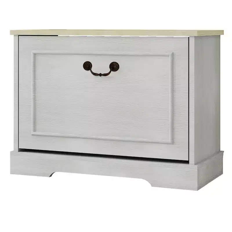 AndMakers 17.71 in. H x 23.62 in. W Antique White Shoe Cabinet with 1 Flip Drawer and Adjustable Shelf
