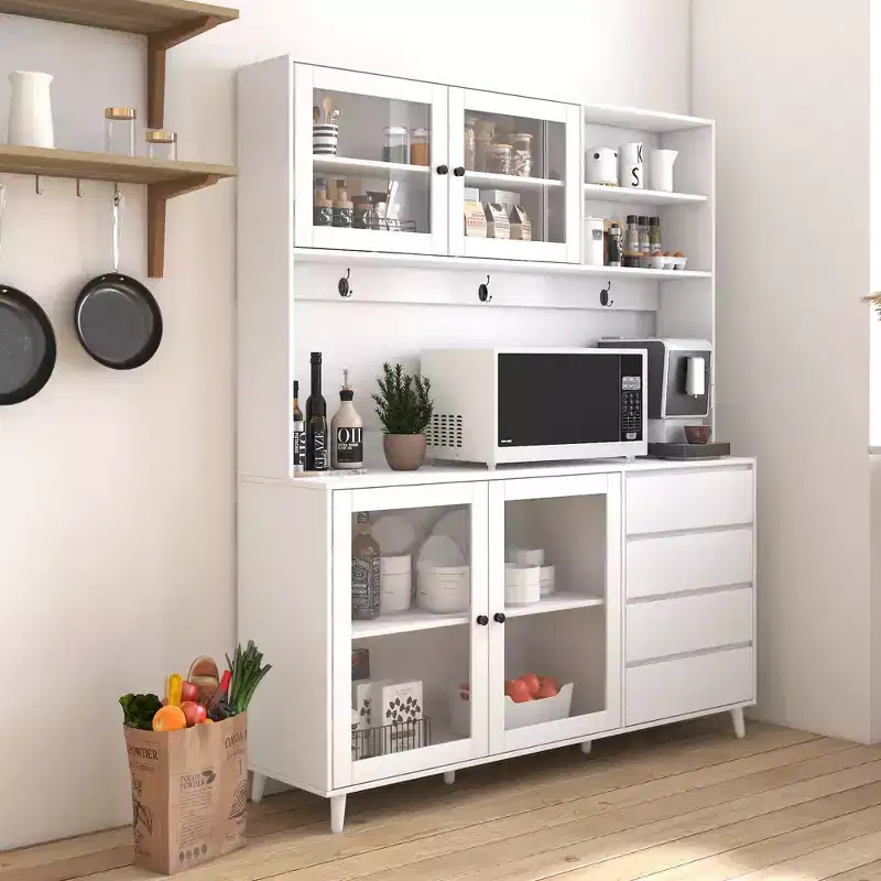 63W Kitchen Hutch Cabinet Kitchen Pantry Storage Cabinet Buffet Cabinet Cupboard with Drawers, Hanging Hooks and Microwave Shelf, White-ModernLuxe
