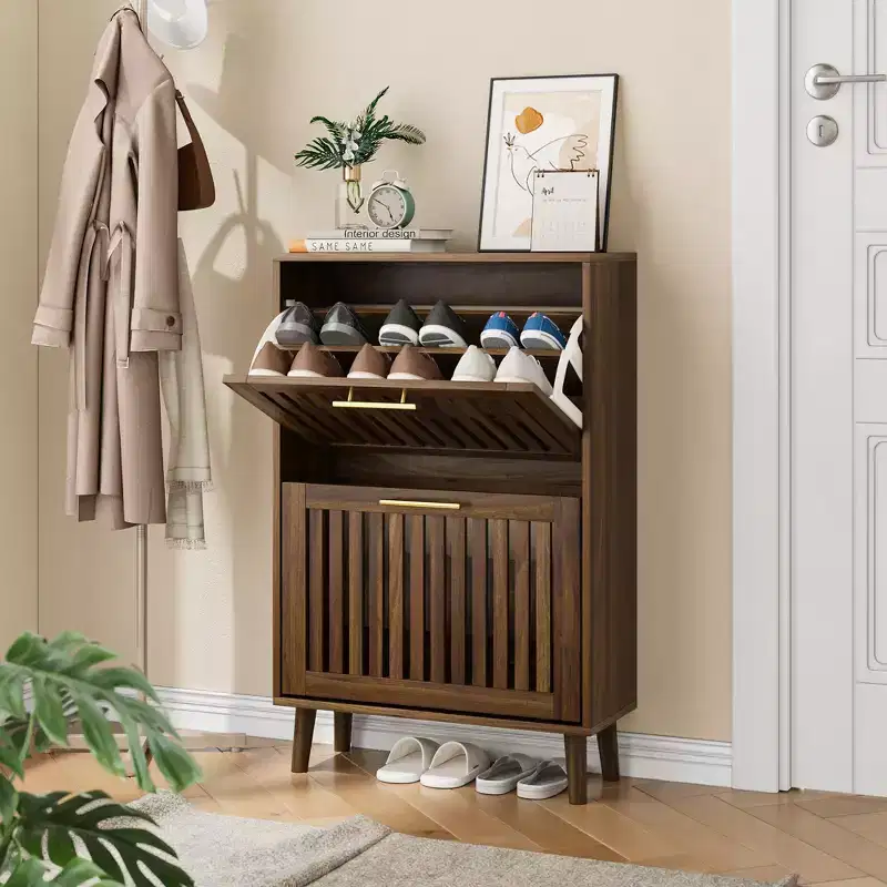 GDFStudio Alaric Modern Wooden Fence Shoe Cabinet with 2 Flip Drawers