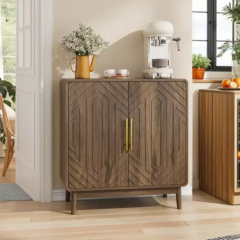 Rustic Wood Storage Cabinet with Carved Doors & Adjustable Shelves