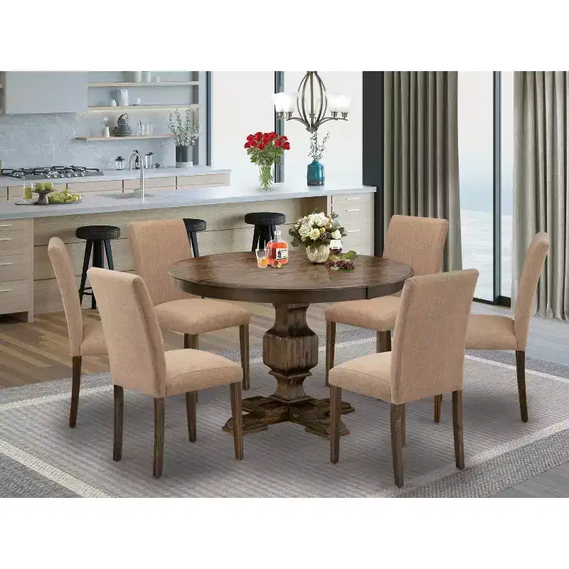 HomeStock Modern 7 Piece Dining Set Light Sable Linen Fabric