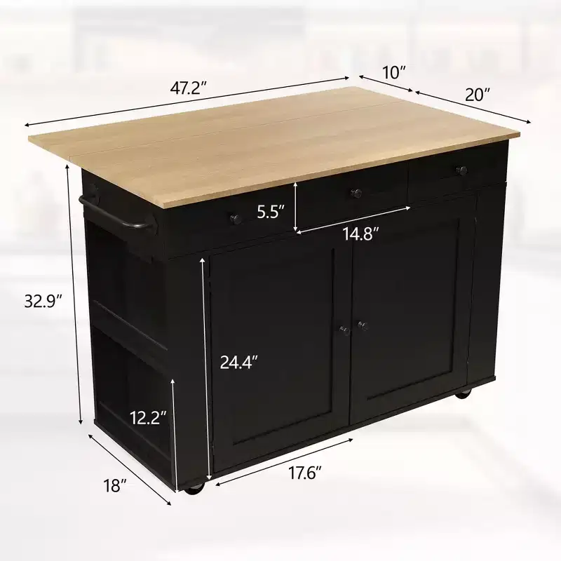 47.2 Rolling Kitchen Island Cart with Drop Leaf & Charging Station, Storage Cabinets & Spice Rack on Wheels