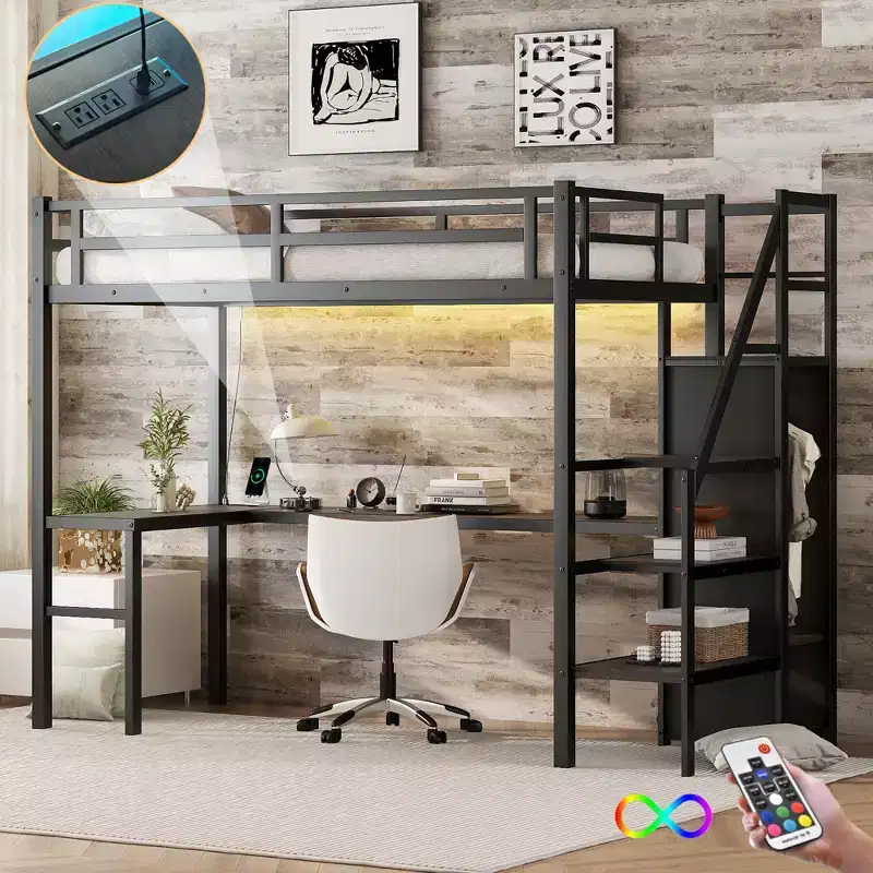 Okak Metal High Loft Bunk Bed with L-shaped Desk & USB Heavy Duty Bedframe with Wardrobe & Adjustable Shelf LED for Adults Teens Kids
