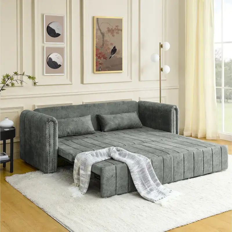 Modern Upholstered 3 in 1 Pull-Out Bed Sleeper w/ Rolled Arms Decorated & Copper Nails, Convertible Futon 3 Seats Daybed, Black