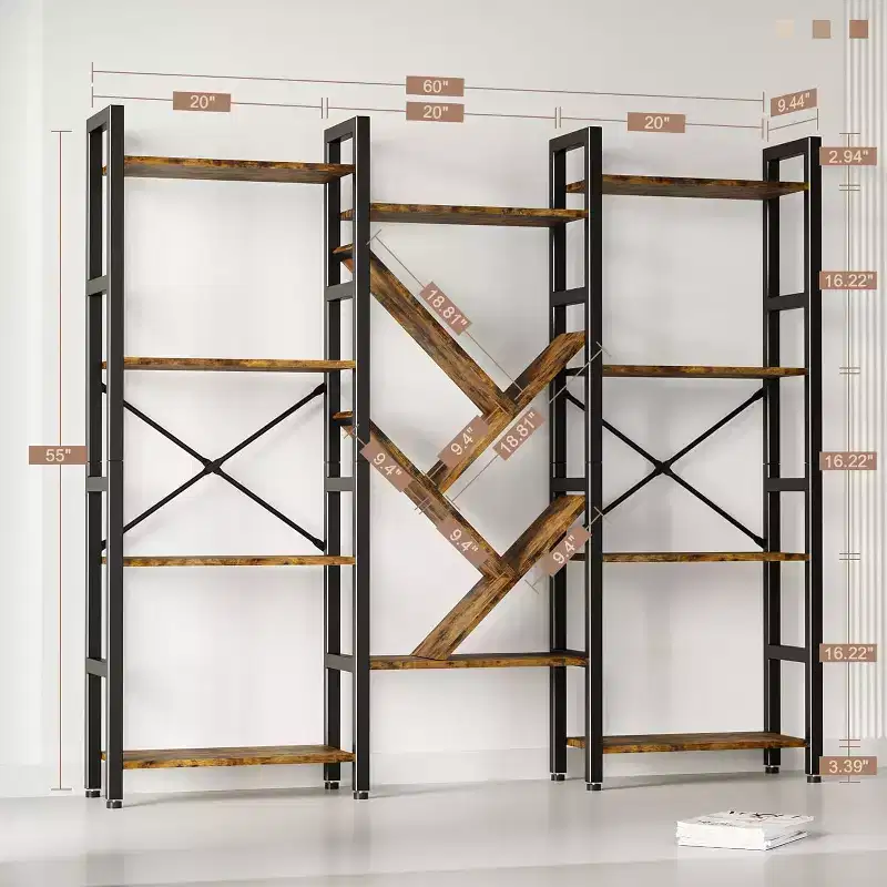 4-layer Bookshelves, Large Wooden Bookcases, Open Display Racks for Living Rooms and Bedrooms, Modern Bookshelf Metal-framed Furniture, Brown.