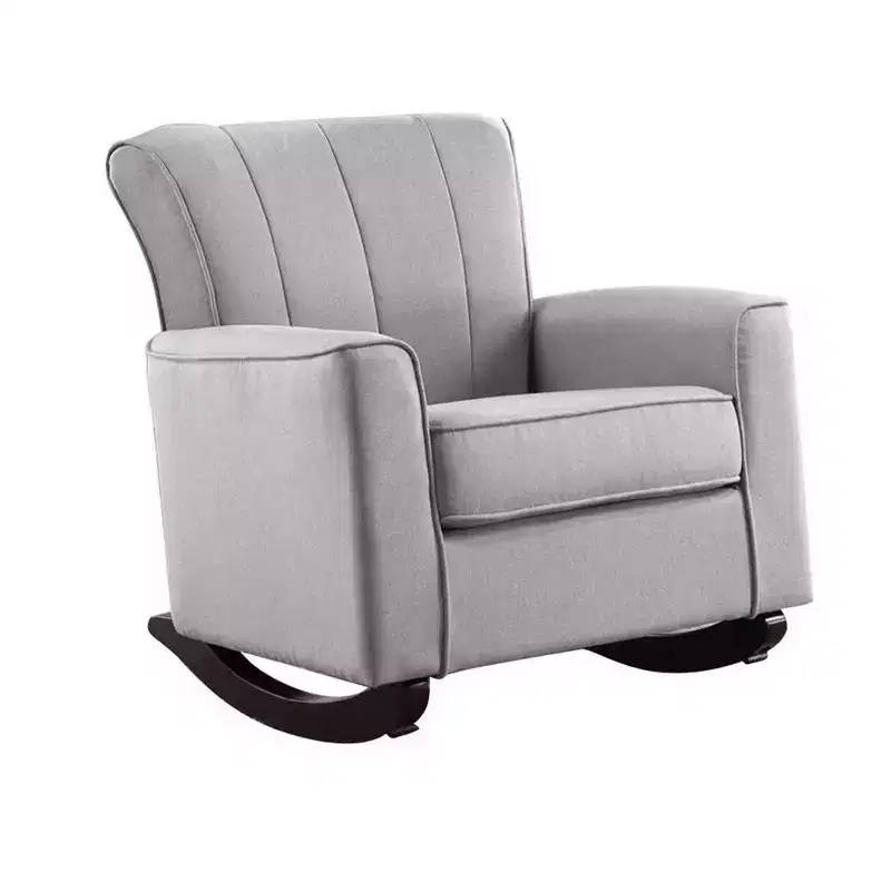 34 Inch Rocking Chair, Wood Frame, Vertical Channel Tufted Gray Linen