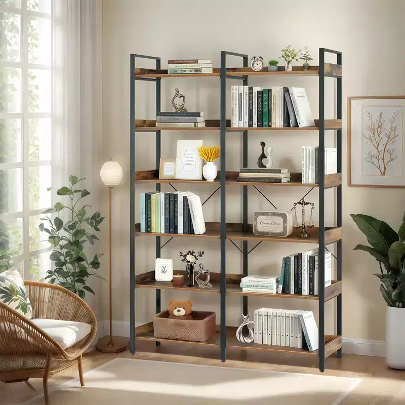 6-Tier Industrial Bookshelf (67) - Wooden Open Shelves, Metal Frame Bookcase, Freestanding Storage Display for Home & Office (Brown)
