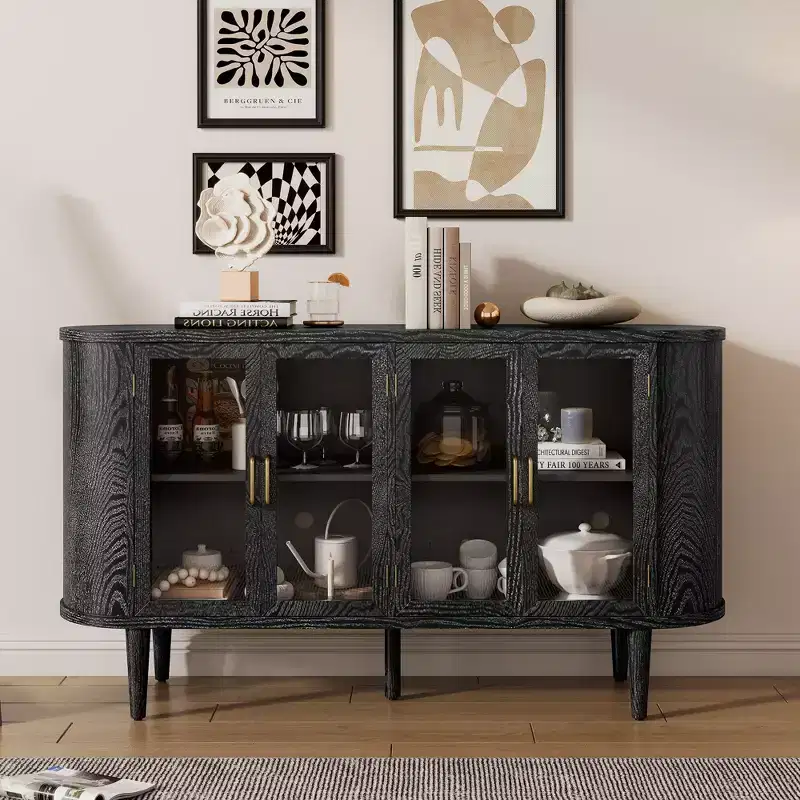 Farmhouse Wood Sideboard Buffet Cabinet with Glass Doors and Adjustable Shelves for Kitchen, Dining Room, or Living Room