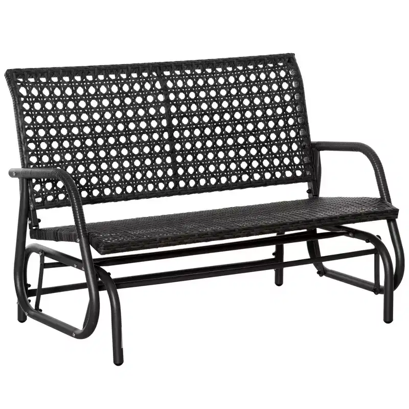Outsunny 2-Person Outdoor Wicker Glider Bench Patio Garden PE Rattan Swing Loveseat Chair with Extra Wide Seat and Curved Backrest Dark Gray