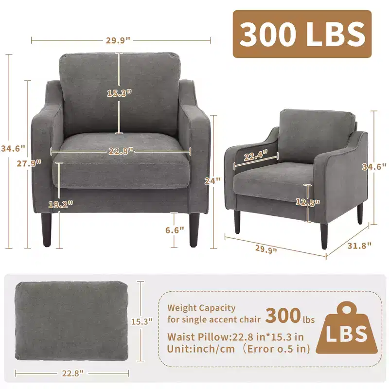 Mid-Century Linen Accent Reading Chair for Living Room/Bedroom, Comfy Single Armchair for Small Spaces