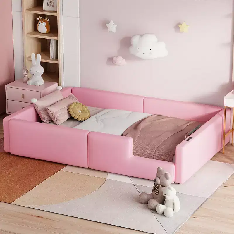 Twin Size Floor Platform Bed with Full-Length Guardrail, Upholstered Wooden Bedfram with Charging Station