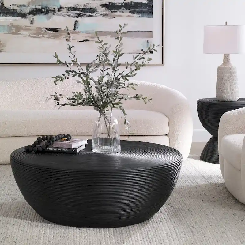 Natural Rattan Round Coffee Table with Black Stain Finish - 44W