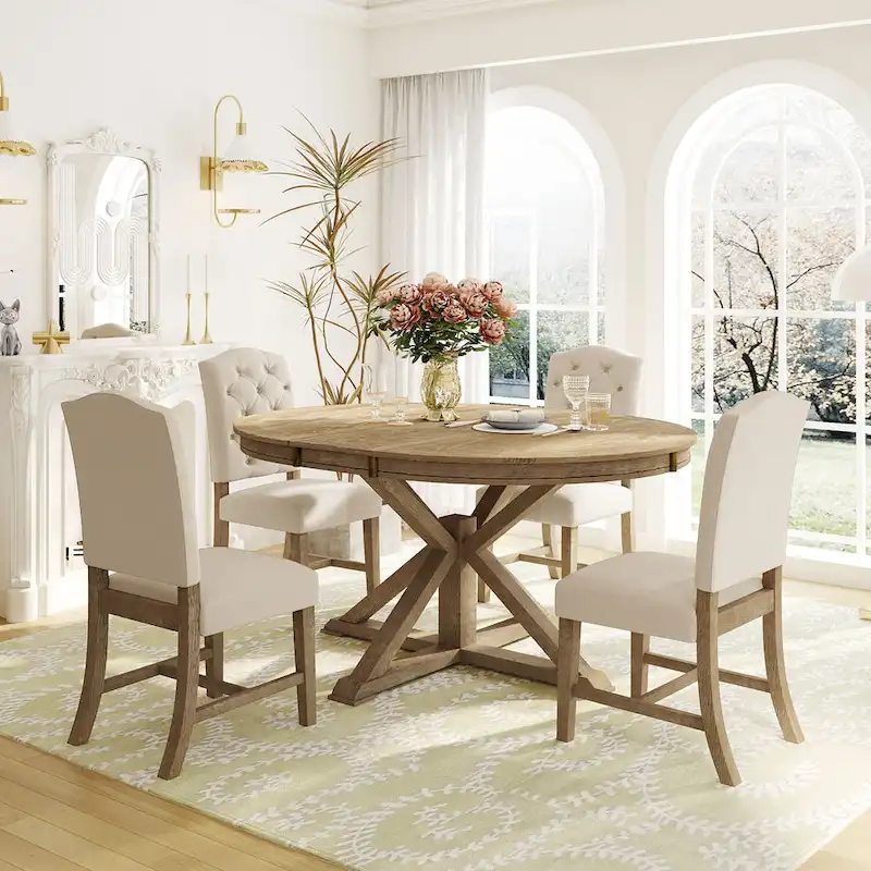 Natural Wood Wash Retro 5-Piece Wooden Dining Table Set with Extendable Round Table & 4 Chairs